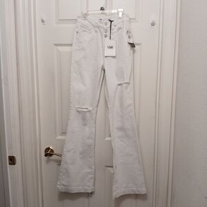 YMI Denim Collection The Julie Flare Jeans Size 3 Button Fly Distress White NWT